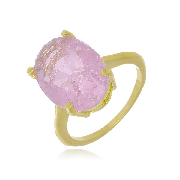 Anel Solitário Grande Zircônia Rosa (Ouro 18k / Ródio Branco)