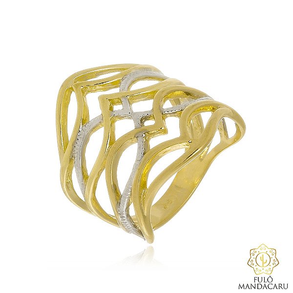 Anel Largo Geométrico Vazado Bicolor Ouro 18k