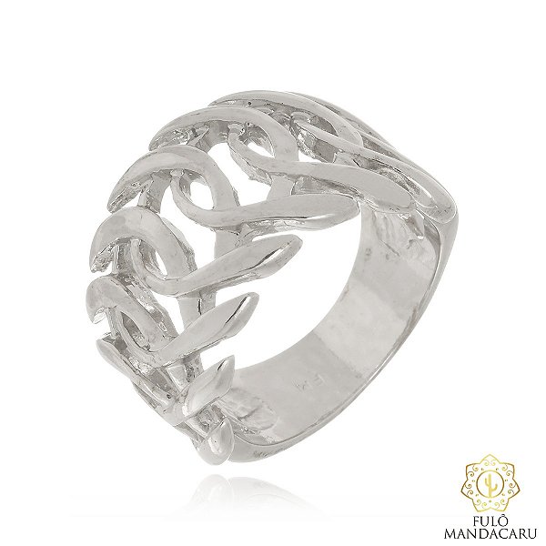 Anel Largo Vazado Elos Entrelaçados Ródio