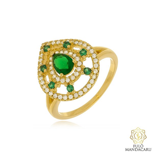 Anel Gota Zircônia Verde Esmeralda Ouro 18k Halo