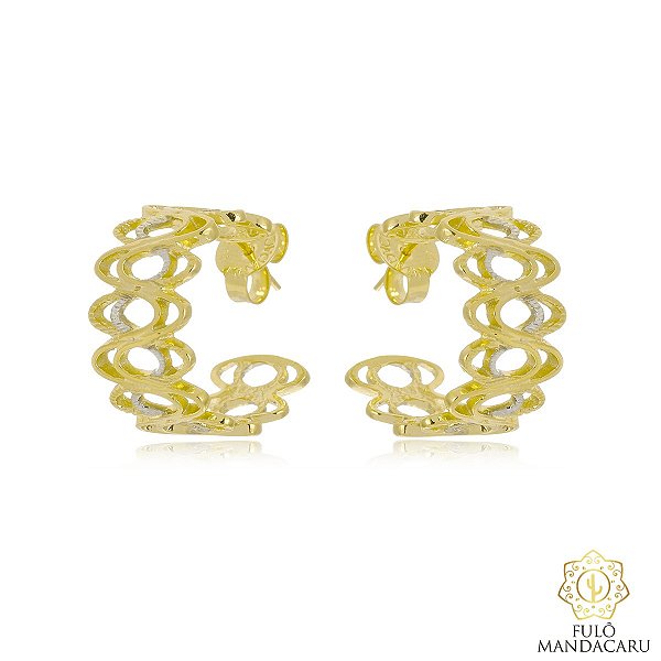 Brinco duplo circulos vazados com aplique de caneta de ródio