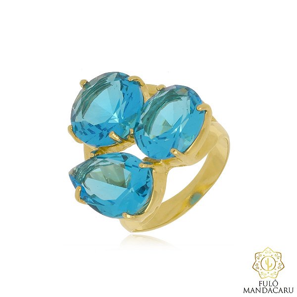 Anel Banhado em Ouro 18K com Três Pedras Azuis Oval Facetadas