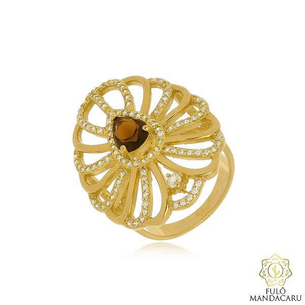 Anel Gota com Pedra Âmbar e Zircônias – Banhado em Ouro 18K | Fulô Mandacaru