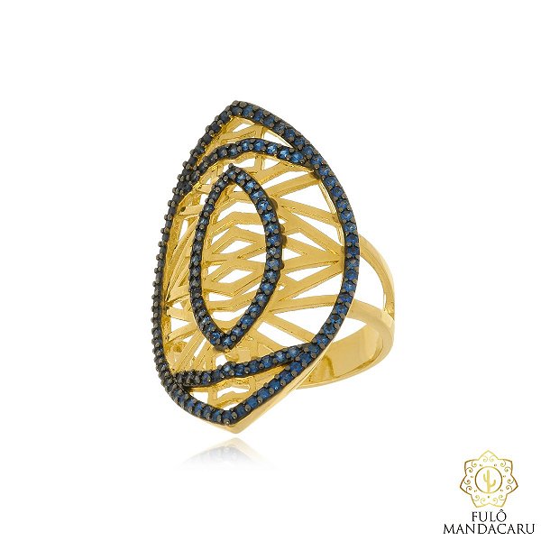 Anel Folha com Pedras Azuis em Ouro 18K ou Ródio Branco – Fulô Mandacaru