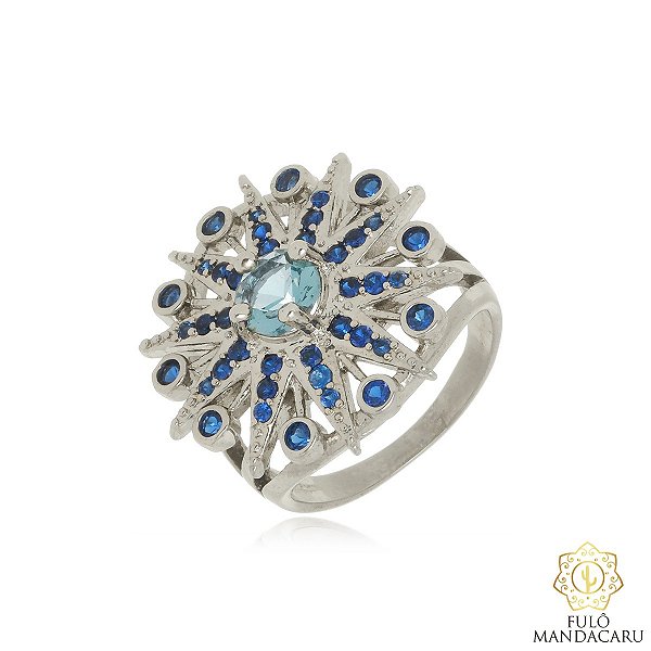 Anel Estrela com Pedras Azuis – Semijoia em Ródio Branco | Fulô Mandacaru