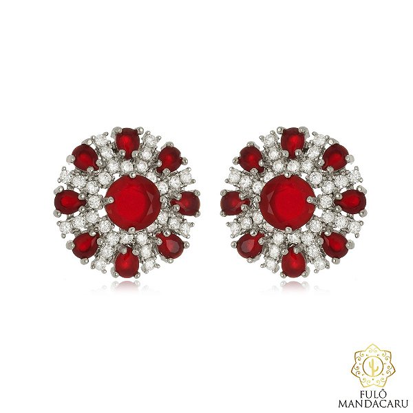 Brinco Floral com Pedras Vermelhas – Banhado em Ródio Branco | Fulô Mandacaru