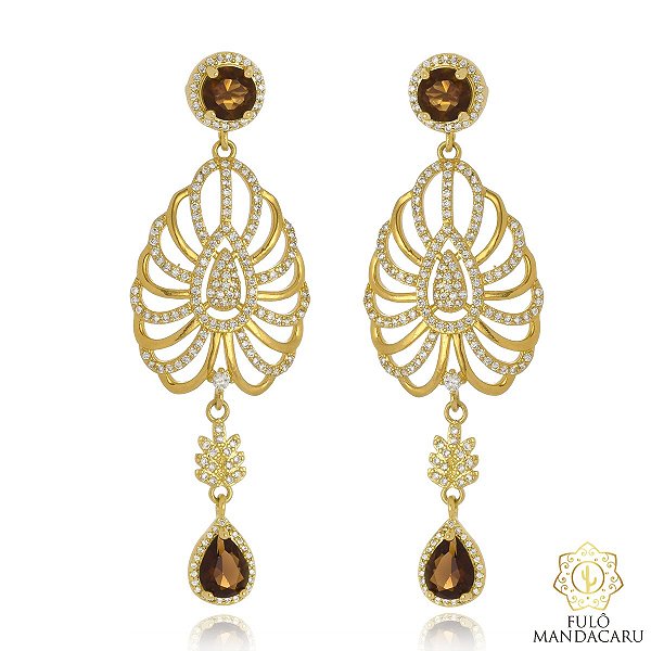 Brinco Leque com Pedras Âmbar e Zircônias – Banhado em Ouro 18K | Fulô Mandacaru