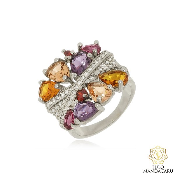 Anel Colorido com Pedras Naturais em Ródio Branco – Fulô Mandacaru
