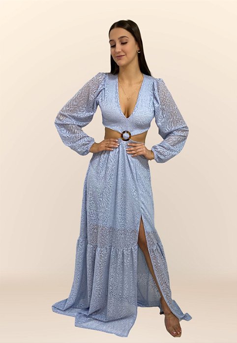 Vestido longo azul claro 2025 com renda