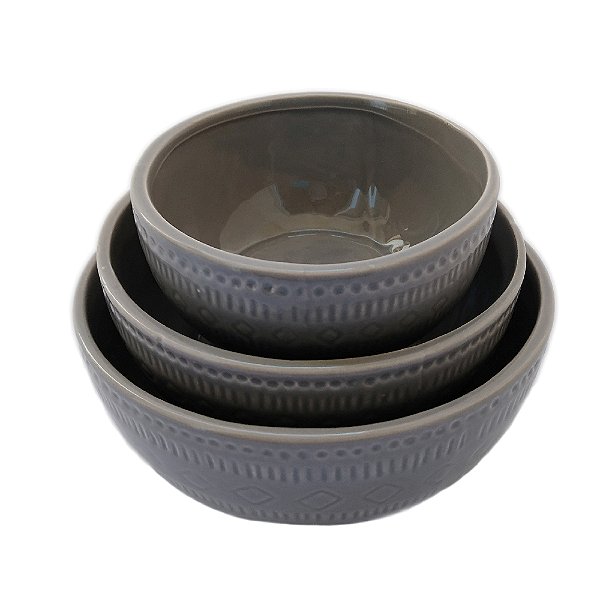 Conjunto de 3 Tigelas de Cerâmica Cinza com Relevo