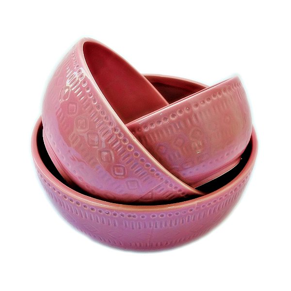Conjunto 3 Tigelas de Cerâmica Rosa com Relevo