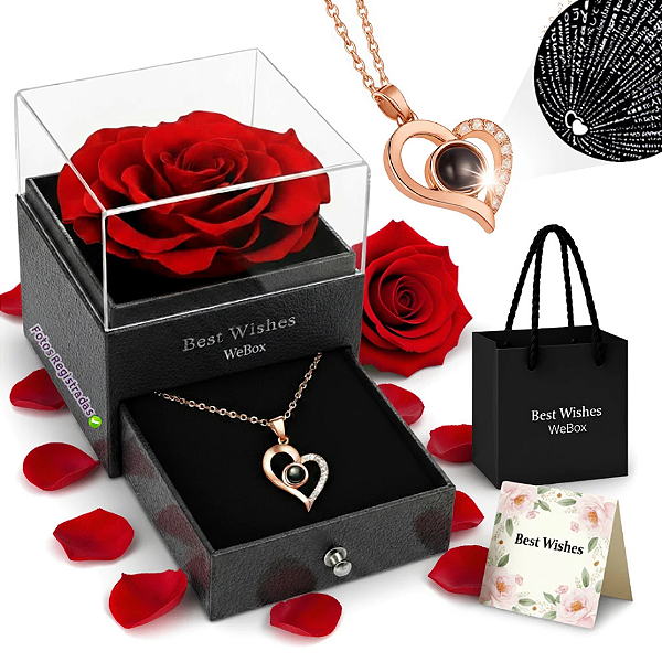 Rosa Eterna + Colar Coração — “Eu Te Amo” em 100 Idiomas Caixa Premium em Couro