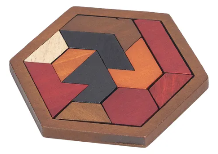Quebra-Cabeça Hexagonal Estilo Tangram em Madeira - Puzzle Geométrico Nerd