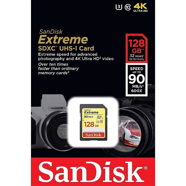 CARTÃO SD SANDISK EXTREME 128GB CLASS 10 90 MB/s SDHC UHS-I 4K