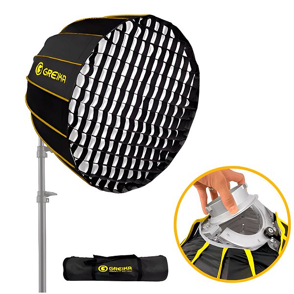Softbox Parabólico Greika GSL-90 Flat Pack Bowens Dobrável de 90cm com Grid