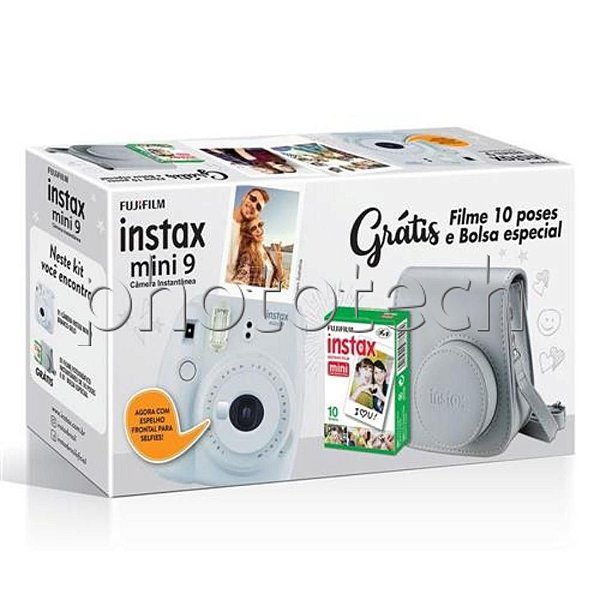 CÂMERA INSTAX MINI 9 BRANCO KIT COM FILME E ESTOJO FUJIFILM INSTANTÂNEA