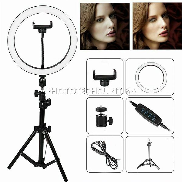 Iluminador de Led Ring Light 26cm 120 Led + Tripé + Suporte para Celular