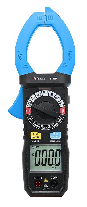 ALICATE AMPERÍMETRO DIGITAL MINIPA ET-3167 CAT III 600V TRUE RMS