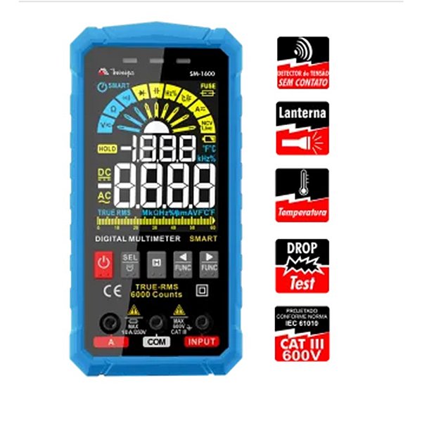 Multímetro SMART Digital 6000 contagens / CAT III - 600V / TRUE RMS / LANTERNA / NCV