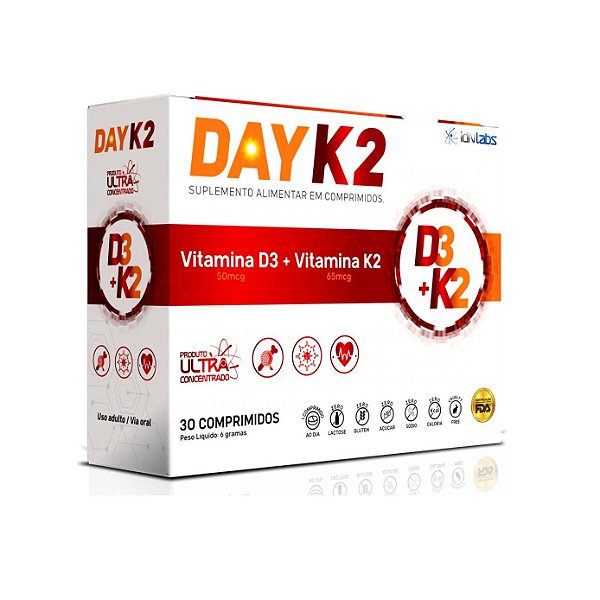 Vitamina D3 2.000UI + K2 MK-7 Day K2 IdnLabs | Ossos e Coração | 30 comp