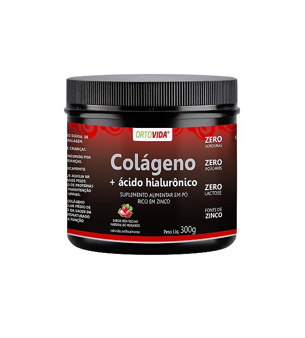 Colágeno Pele Cabelos e Unhas em Pó Sabor Morango - 300g - ORTOVIDA