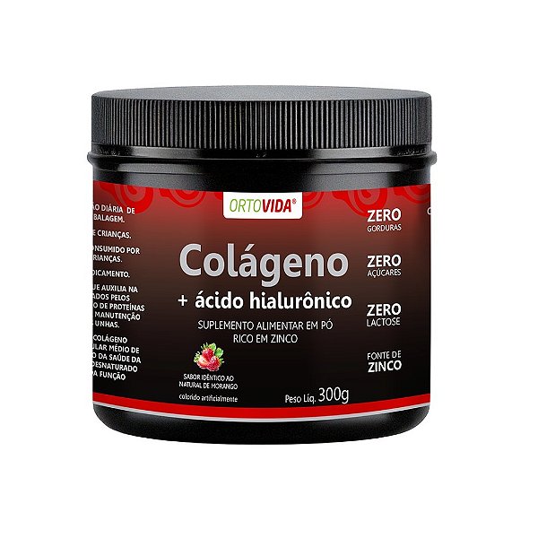 Colágeno Hidrolisado Tipo 2 + Ácido Hialurônico + Zinco 300g Morango | OrtoVida