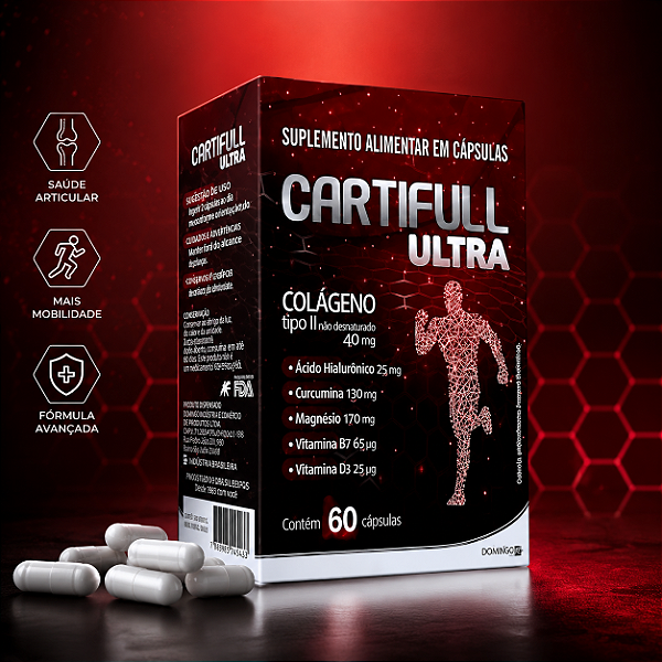 Colágeno Tipo 2 + Ácido Hialurônico Cúrcuma Vitamina D3 K2 - Articulações - Cartifull Ultra - 60 Cáps | Domina Farma