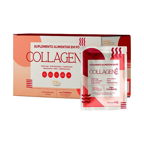 Colágeno Verisol 2,5g com Ácido Hialurônico 100mg, Coenzima Q10 e Biotina 30 Sachês de 10g Sabor Cranberry | Collagenê
