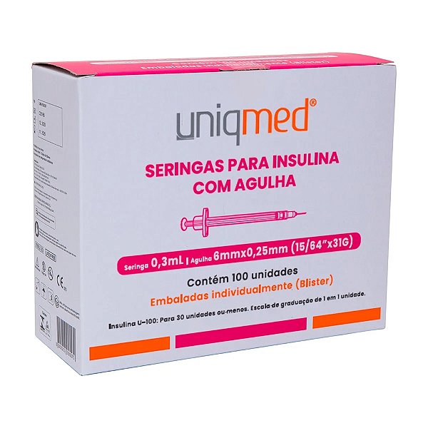Seringas para Insulina Uniqmed 0.3mL Agulha 6mmx0.25mm - Caixa com 100 unidades (Blister individual)