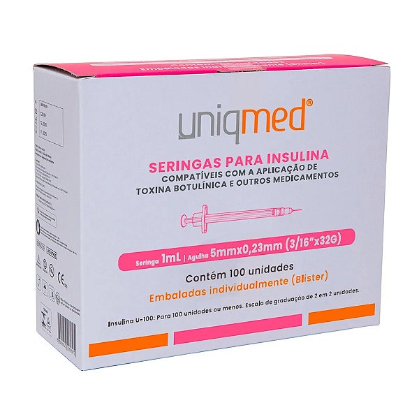 Seringas para Insulina Uniqmed 1mL Agulha 5mmx0.23mm - Caixa com 100 unidades (Blister individual)