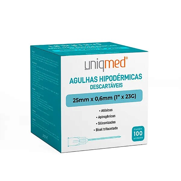 Agulhas Hipodérmicas Descartáveis ​​Uniqmed 23G X 1 POL (25mmX0,60mm) - Caixa com 100 unidades