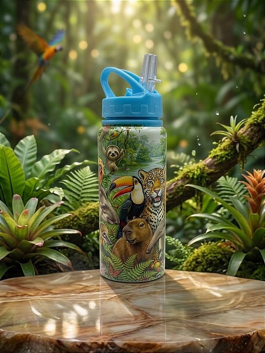 Squezze Garrafa 500ml Fauna Brasileira Amazónica Térmica de Aluminio e Canudo