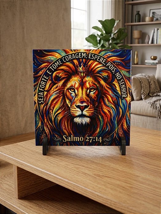 Azulejo Estampa Leão de Judá Salmo 27:14 15x15cm com Suporte de Mesa