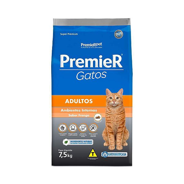 Ração Premier Gatos Ambientes Internos Adultos Frango 7,5 kg