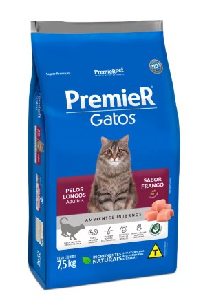 Ração Premier Gatos Ambientes Internos Pelos Longos Adultos Frango 7,5 kg