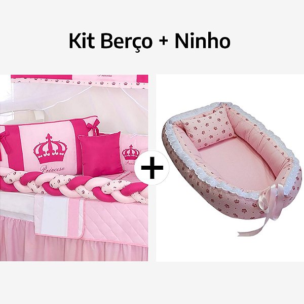 Kit Berço Trança Coroa Pink + Ninho Redutor Coroa Rosa