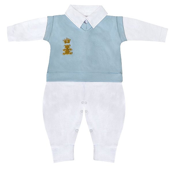 Conjunto Bebê Masculino Colete e Macacão Manga Longa Realeza Branco e Azul Bebê