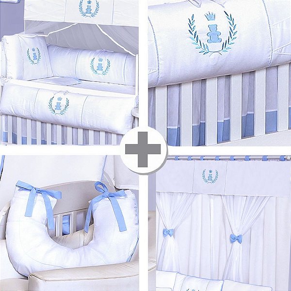 Combo Kit Berço + Saia + Cortina + Almofada Amamentação Realeza Azul Bebê