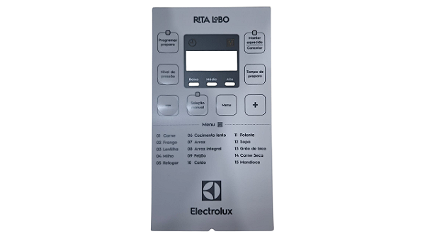 Membrana Painel De Comando Panela De Pressão Elétrica Electrolux Rita Lobo Experience Branca 6L PCC21