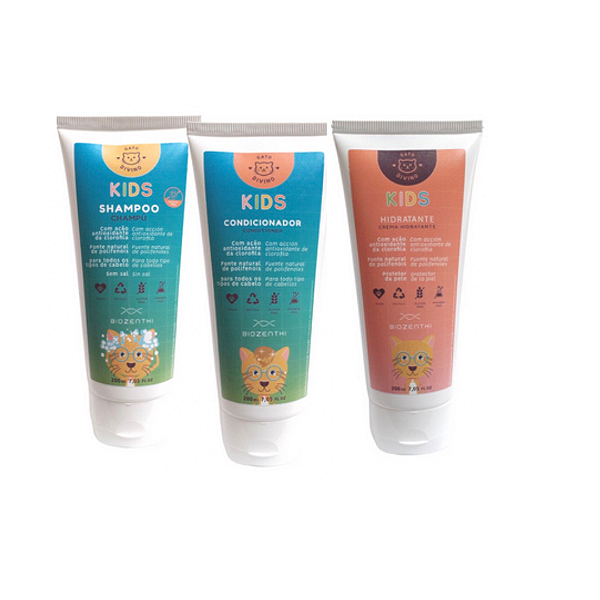 BIOZENTHI - Gato Divino Kids Infantil Kit Shampoo Condicionador Hidratante Corpo - Natural Vegano Sem Glúten
