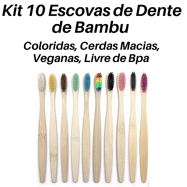 ÁRVIDA - Kit 10 Escovas De Dente De Bambu - Coloridas Cerdas Macias Veganas Livre De Bpa​