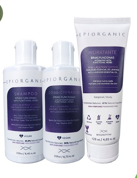 BIOZENTHI - Epiorganic Kit Shampoo Condicionador Hidratante Corporal Açai Óleo Essencial Lavanda - Vegano Sem Glúten