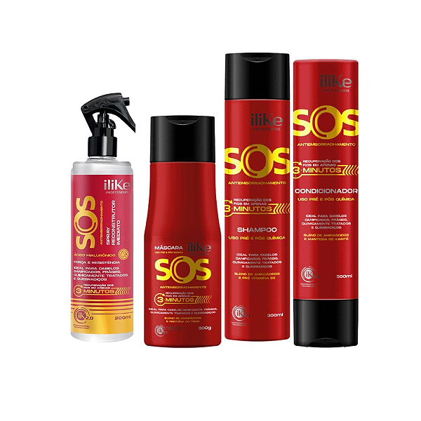 ILIKE PROFESSIONAL SOS Antiemborrachamento KIT Shampoo + Condicionador + Máscara + Spray Reconstrutor - Vegano