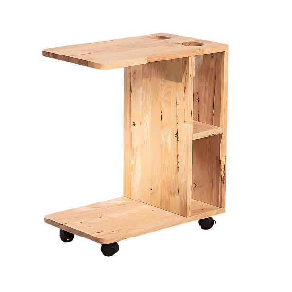 Mesa de Apoio Lateral com Rodinhas 360° – Madeira Pinus | Porta-Copos e Nichos | Ideal para Notebook, Leitura e Refeições