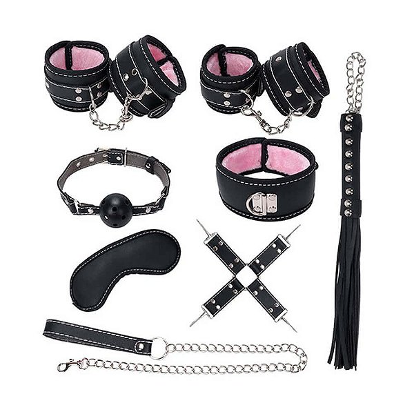 KIT SADO 8 PEÇAS COURO COM PELÚCIA ROSA COM PRETO