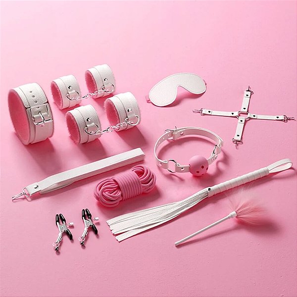 KIT SADO BDSM COM 10 PEÇAS - ROSA COM BRANCO DZ-234-ZT