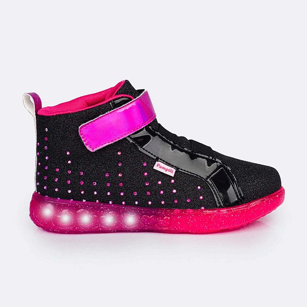 Tênis Infantil Menina Sneaker Pampili Led- Preto/Pink - Pirulito Calçados