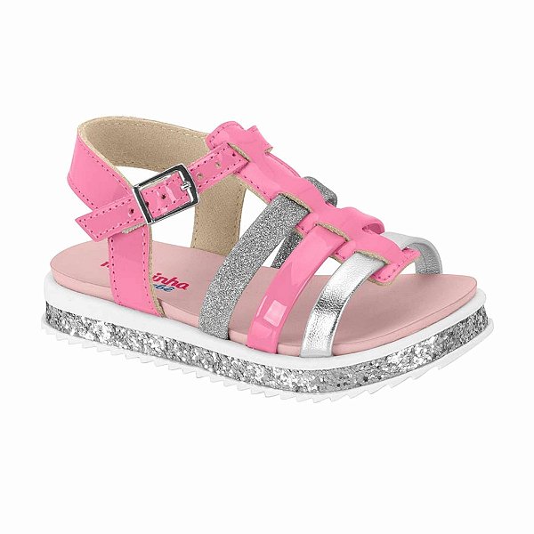 Sandália Infantil Menina Molekinha Verniz Premium Gliter- Rosa/Prata