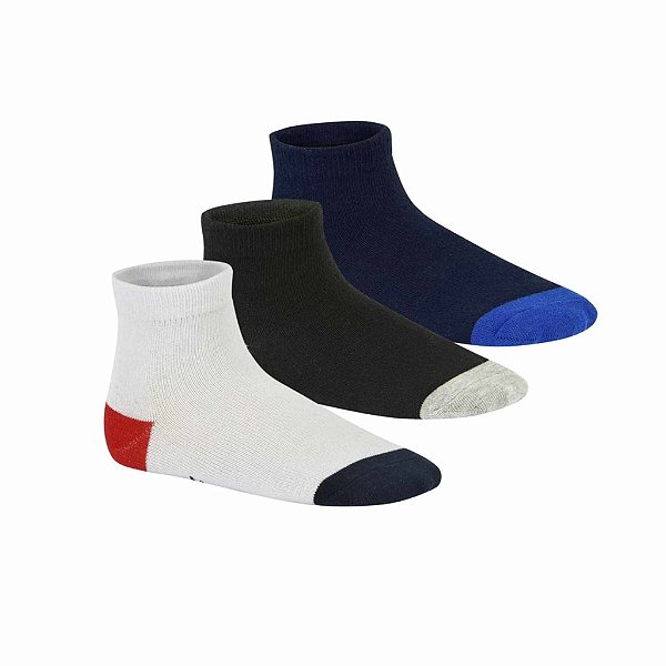 Meia Molekinho Cano Médio- Branco/Preto Cinza/Preto Azul  kit 3 Pares