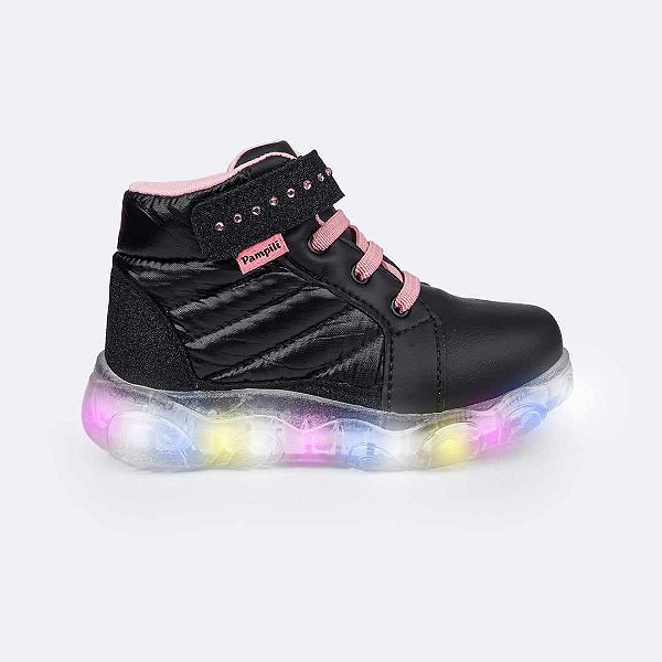 Tênis Infantil Menina de Led Cano Médio Pampili Liz Luz Matelassê Comfy-Preto/Rosa Neon